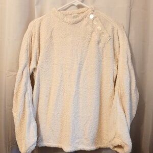 Popcorn knit Stretch Crew neck Sweater Top women M Ivory Long sleeve w/ Buttons
